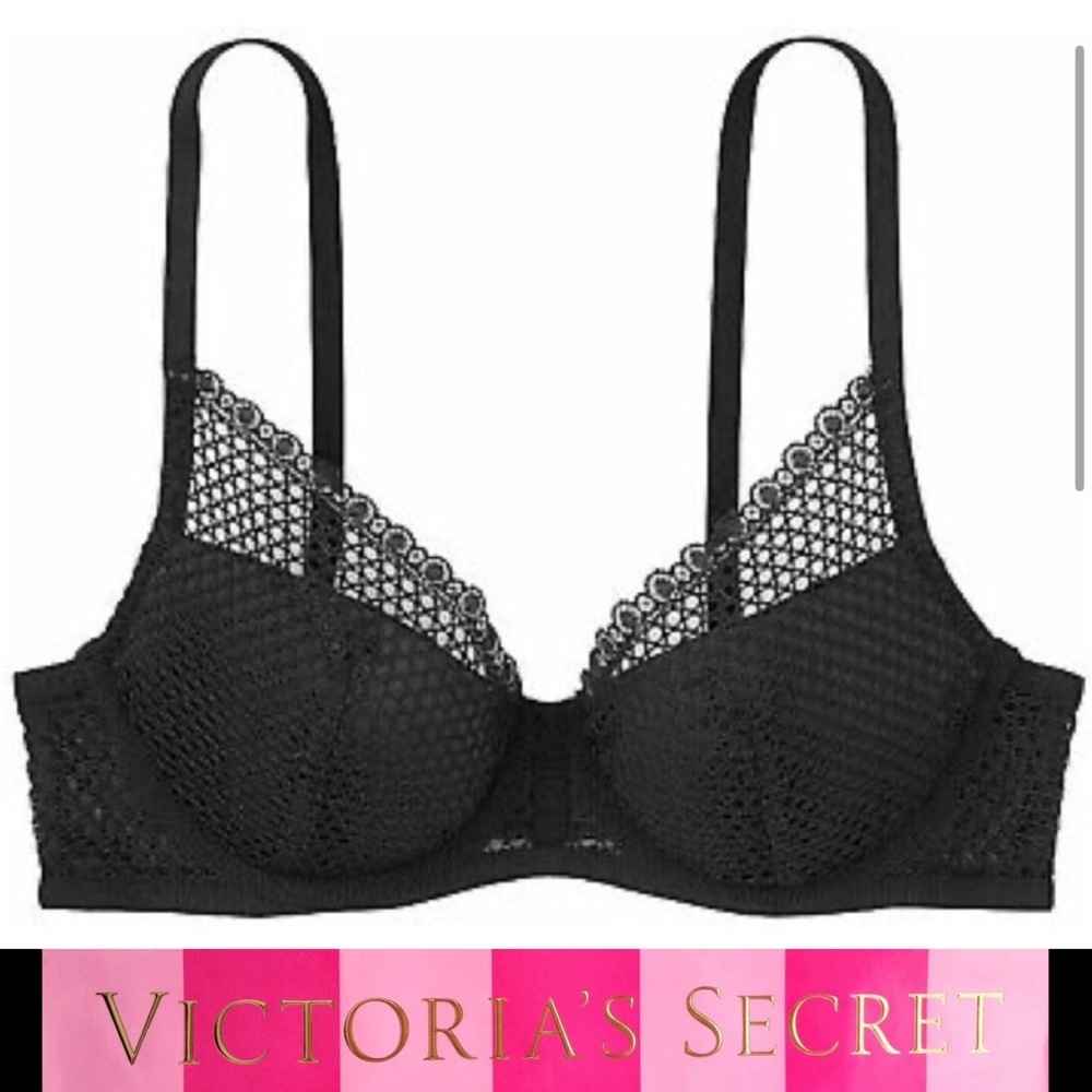 Victoria’s Secret Luxe Lingerie Black PushUp Plunge Fishnet 3/4 Cup Bra 32DDD 🆕